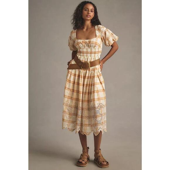 NWT Anthropologie Puff-Sleeve Eyelet Midi Dress Size MP Petites Yellow #9H415 - Picture 1 of 14